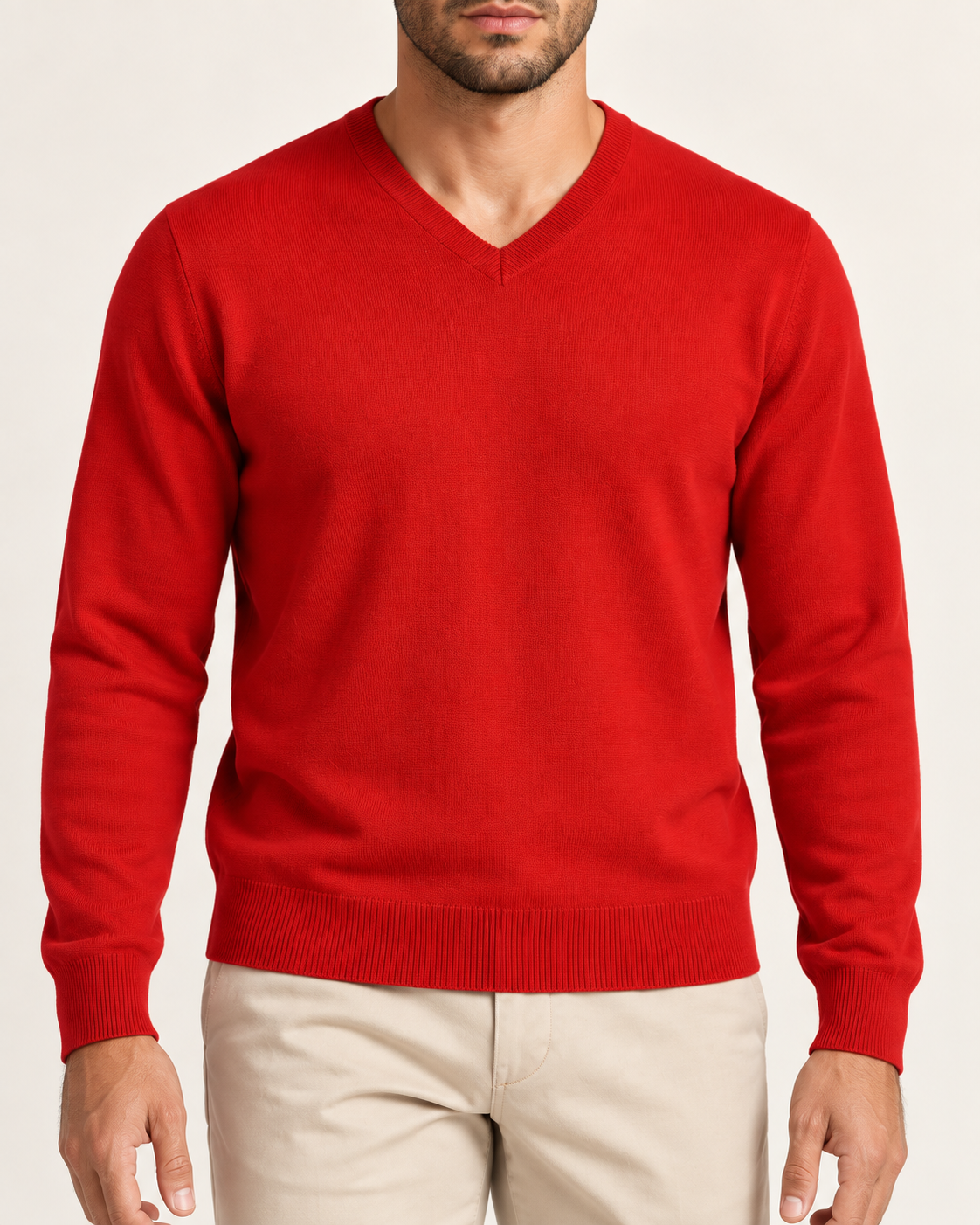 Close-up showing the Chili red V neckline and fine knit of Quiet Angle V-Neck Sweater in Chili.