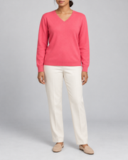 Hero front showing the plain Hot Pink V-neck sweater of Soft Angle V-Neck Sweater in Hot Pink.