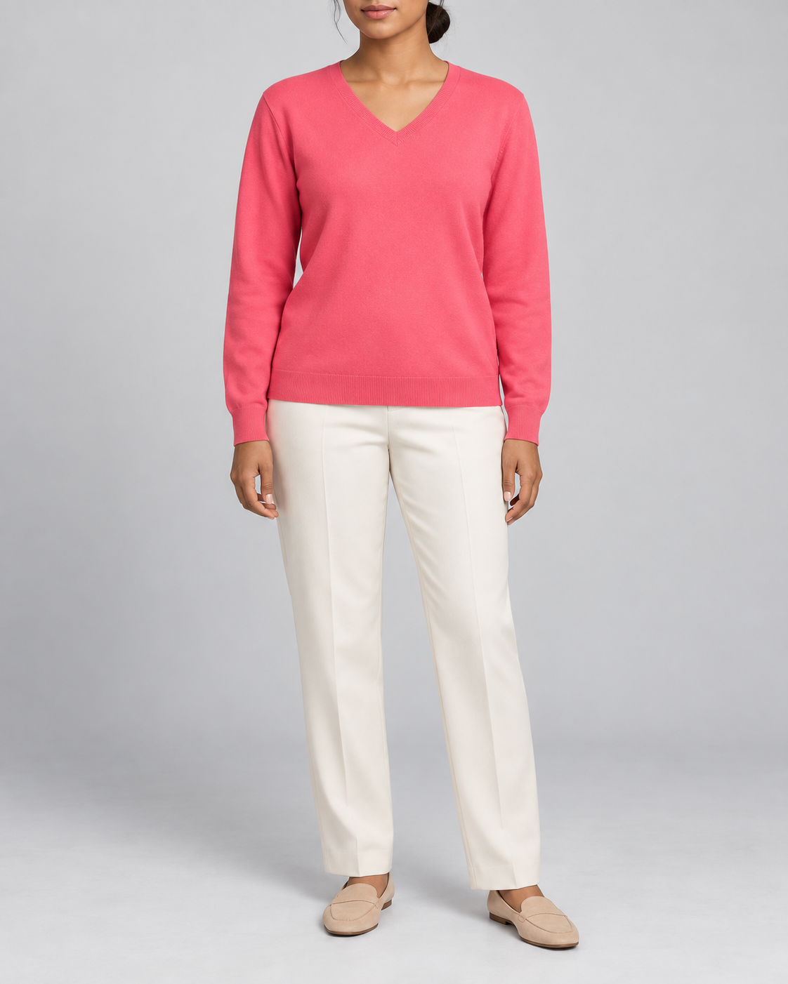 Hero front showing the plain Hot Pink V-neck sweater of Soft Angle V-Neck Sweater in Hot Pink.