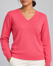 Close-up showing the Hot Pink V neckline and fine knit of Soft Angle V-Neck Sweater in Hot Pink.