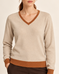 Soft Angle V-Neck in Beige with Rust Trim