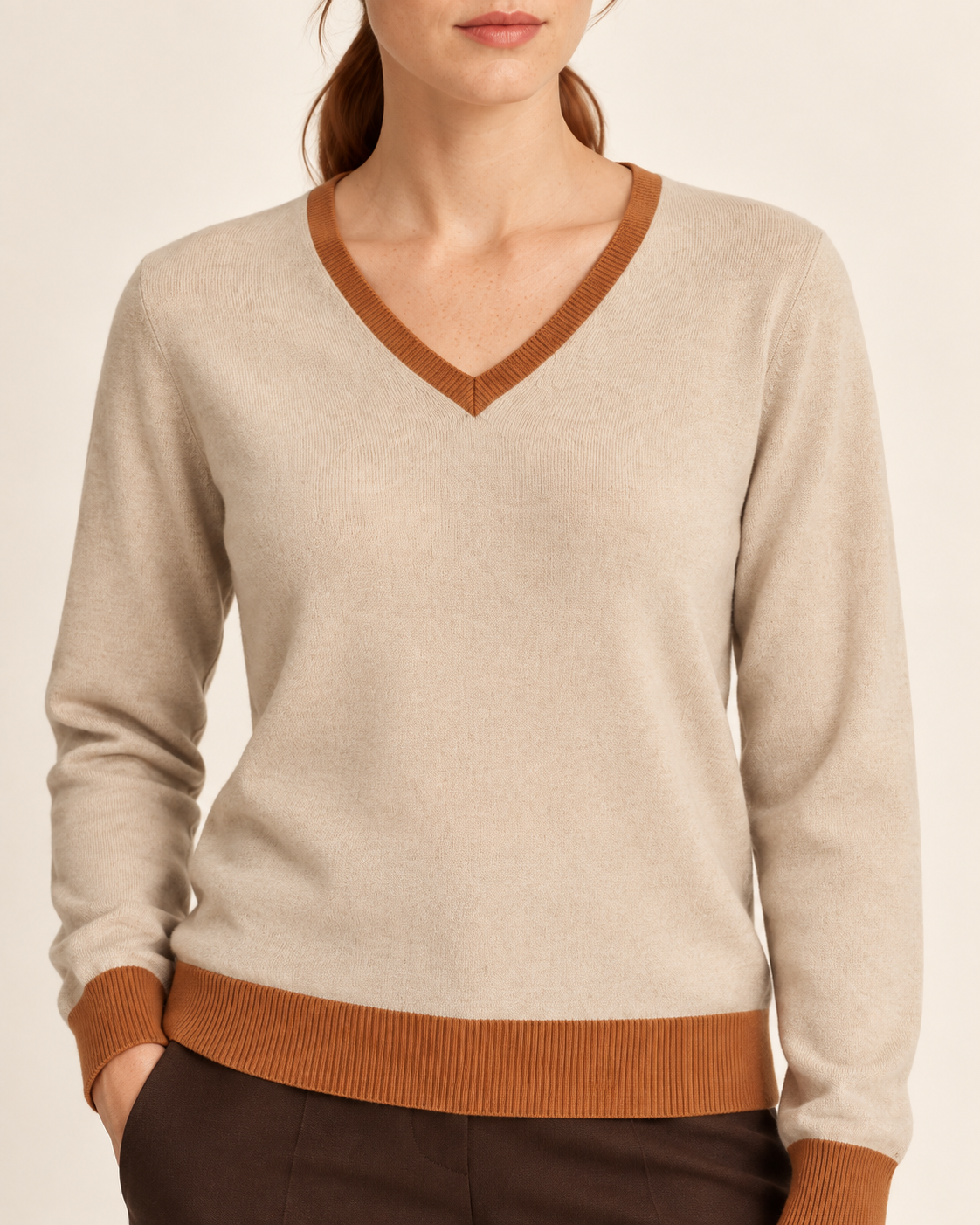 Soft Angle V-Neck in Beige with Rust Trim