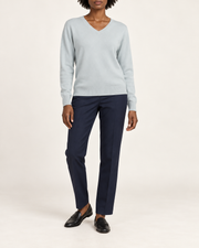 Hero front showing the plain Powder blue V-neck sweater of Soft Angle V-Neck Sweater in Powder.