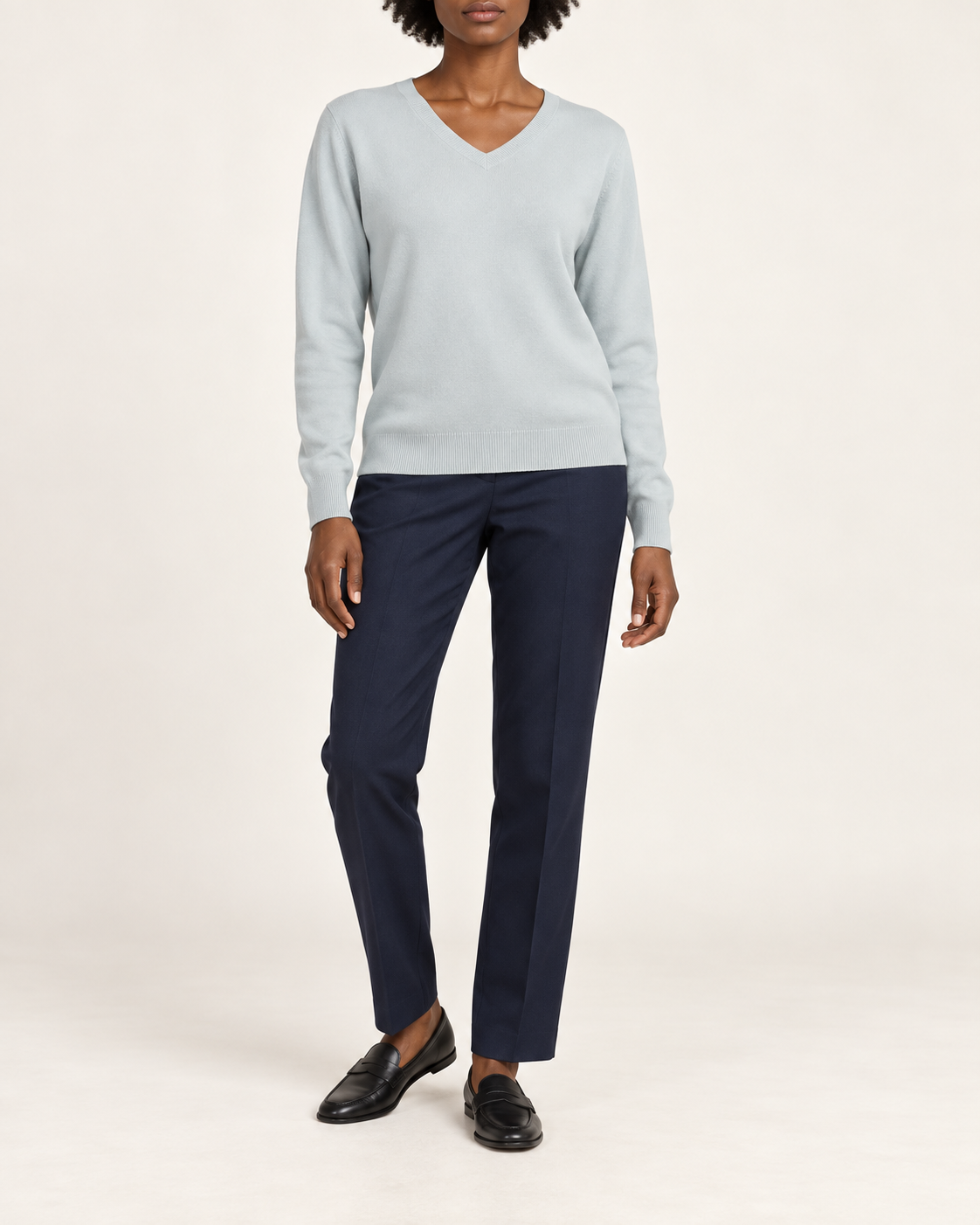 Hero front showing the plain Powder blue V-neck sweater of Soft Angle V-Neck Sweater in Powder.