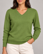 Close-up showing the Grass green V neckline and fine knit of Soft Angle V-Neck Sweater in Grass.
