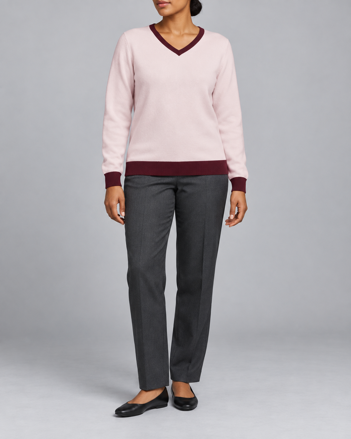 Hero front showing the plain Lt Pink knit and Burgundy V neckline of Soft Angle V-Neck in Lt Pink with Burgundy Trim.