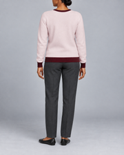 Rear view showing the plain Lt Pink back and Burgundy hem of Soft Angle V-Neck in Lt Pink with Burgundy Trim.