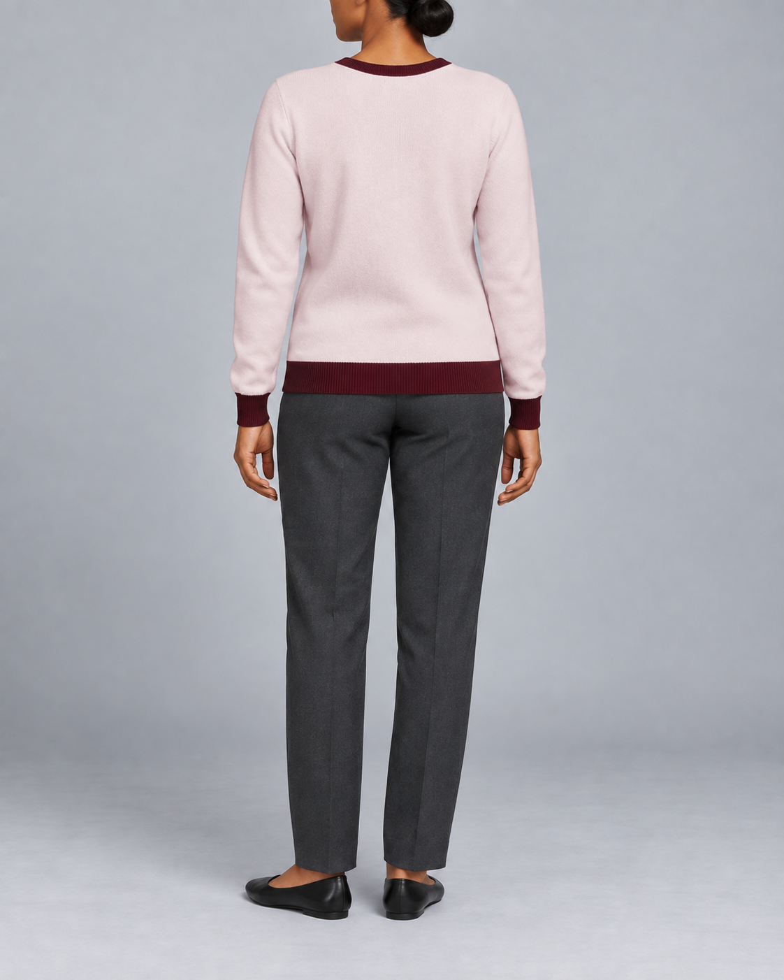 Rear view showing the plain Lt Pink back and Burgundy hem of Soft Angle V-Neck in Lt Pink with Burgundy Trim.