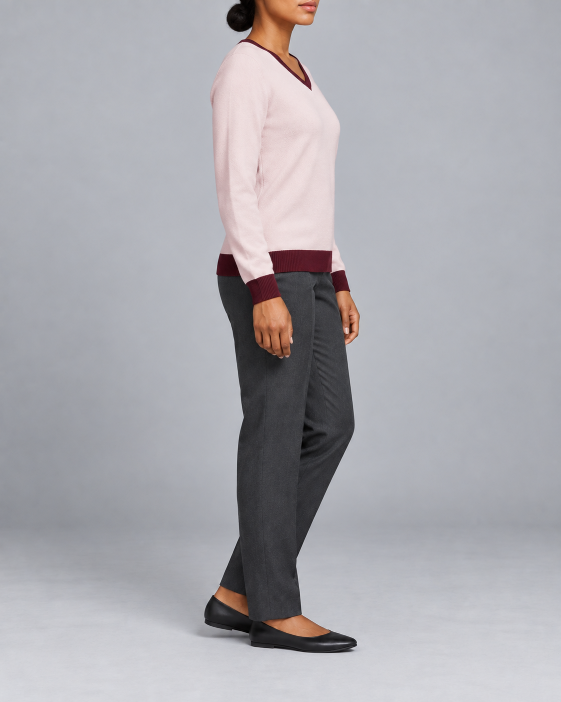 Side view showing the Lt Pink classic fit and Burgundy trim of Soft Angle V-Neck in Lt Pink with Burgundy Trim.