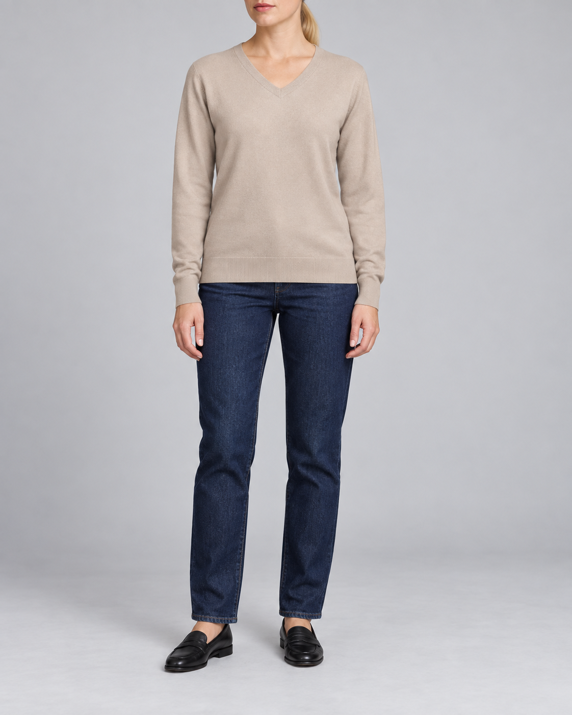 Hero front showing the plain Taupe V-neck sweater of Soft Angle V-Neck Sweater in Taupe.