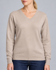 Close-up showing the Taupe V neckline and fine knit of Soft Angle V-Neck Sweater in Taupe.