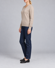 Side view showing the Taupe classic fit and long sleeves of Soft Angle V-Neck Sweater in Taupe.