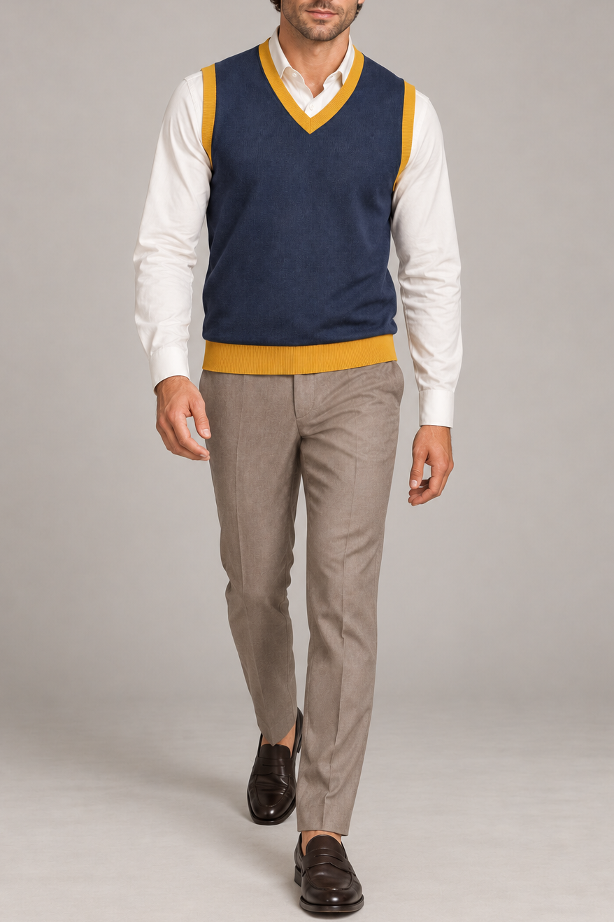 Quiet Layer V-Neck Vest in Navy with Mustard Trim, elegantly layered on a male model, full outfit front view.