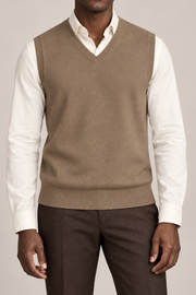 Quiet Layer V-Neck Vest in Peanut, elegantly layered on a male model, close front hero.