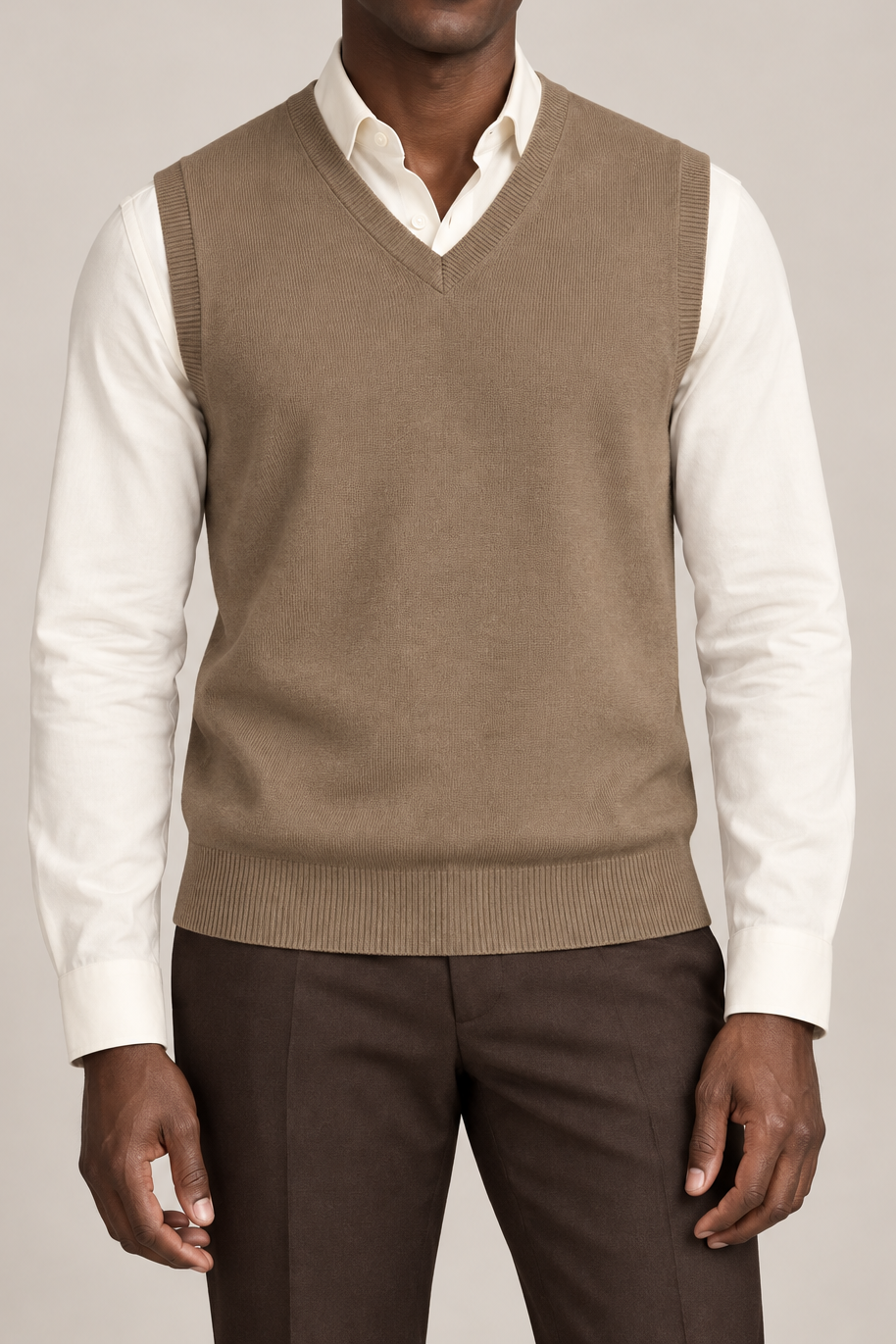 Quiet Layer V-Neck Vest in Peanut, elegantly layered on a male model, close front hero.