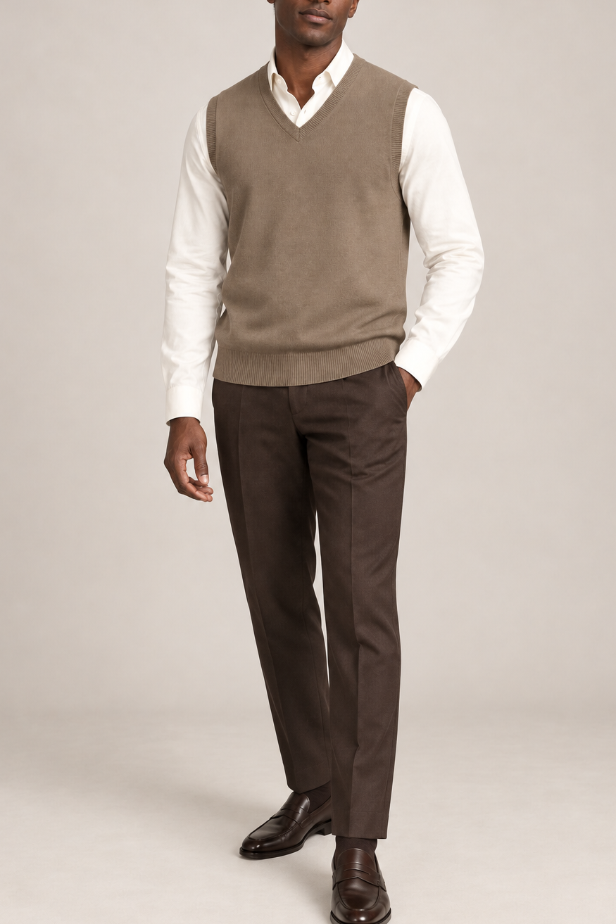 Quiet Layer V-Neck Vest in Peanut, elegantly layered on a male model, full outfit front view.