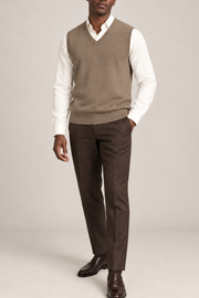 Quiet Layer V-Neck Vest in Peanut, elegantly layered on a male model, full outfit front view.