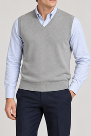 Quiet Layer V-Neck Vest in Grey, elegantly layered on a male model, close front hero.