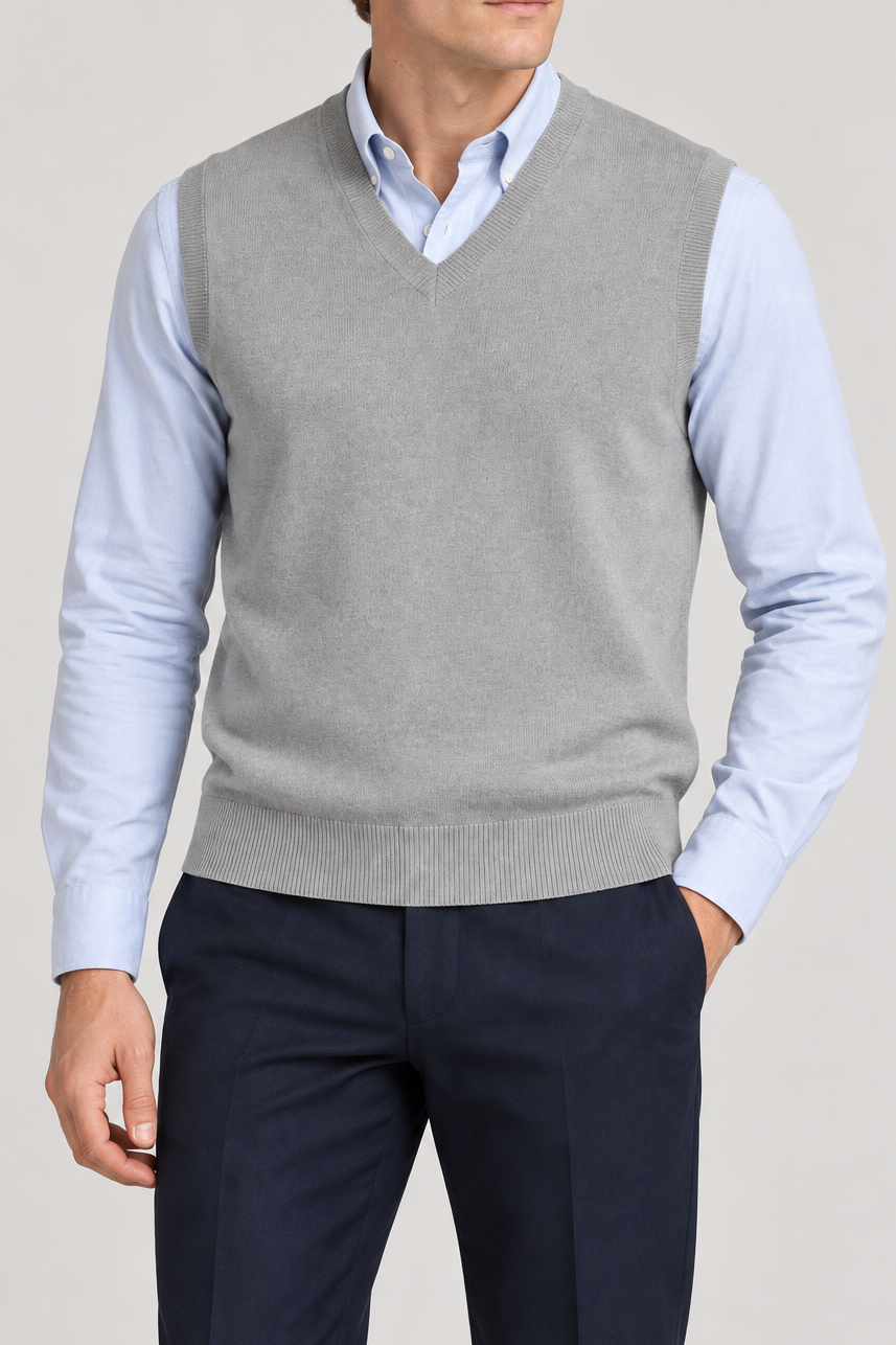 Quiet Layer V-Neck Vest in Grey, elegantly layered on a male model, close front hero.
