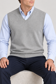 Quiet Layer V-Neck Vest in Grey, elegantly layered on a male model, full outfit front view.