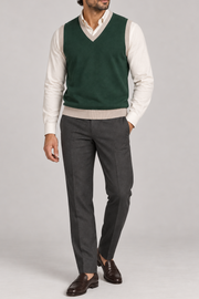 Quiet Layer V-Neck Vest in Pine with Coco Trim, elegantly layered on a male model, full outfit front view.