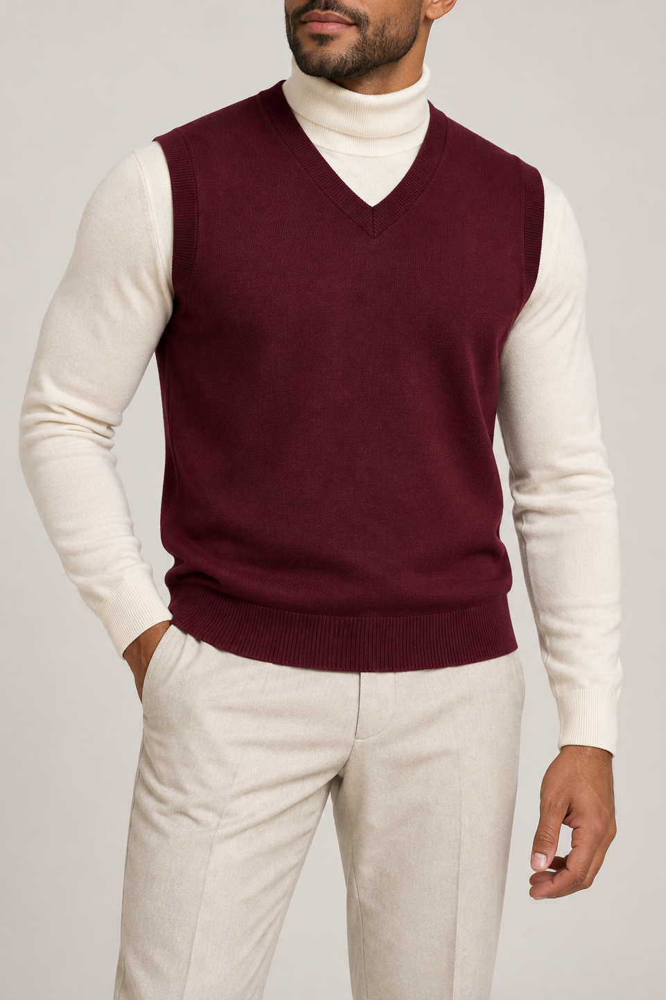 Quiet Layer V-Neck Vest in Burgundy, elegantly layered on a male model, close front hero.