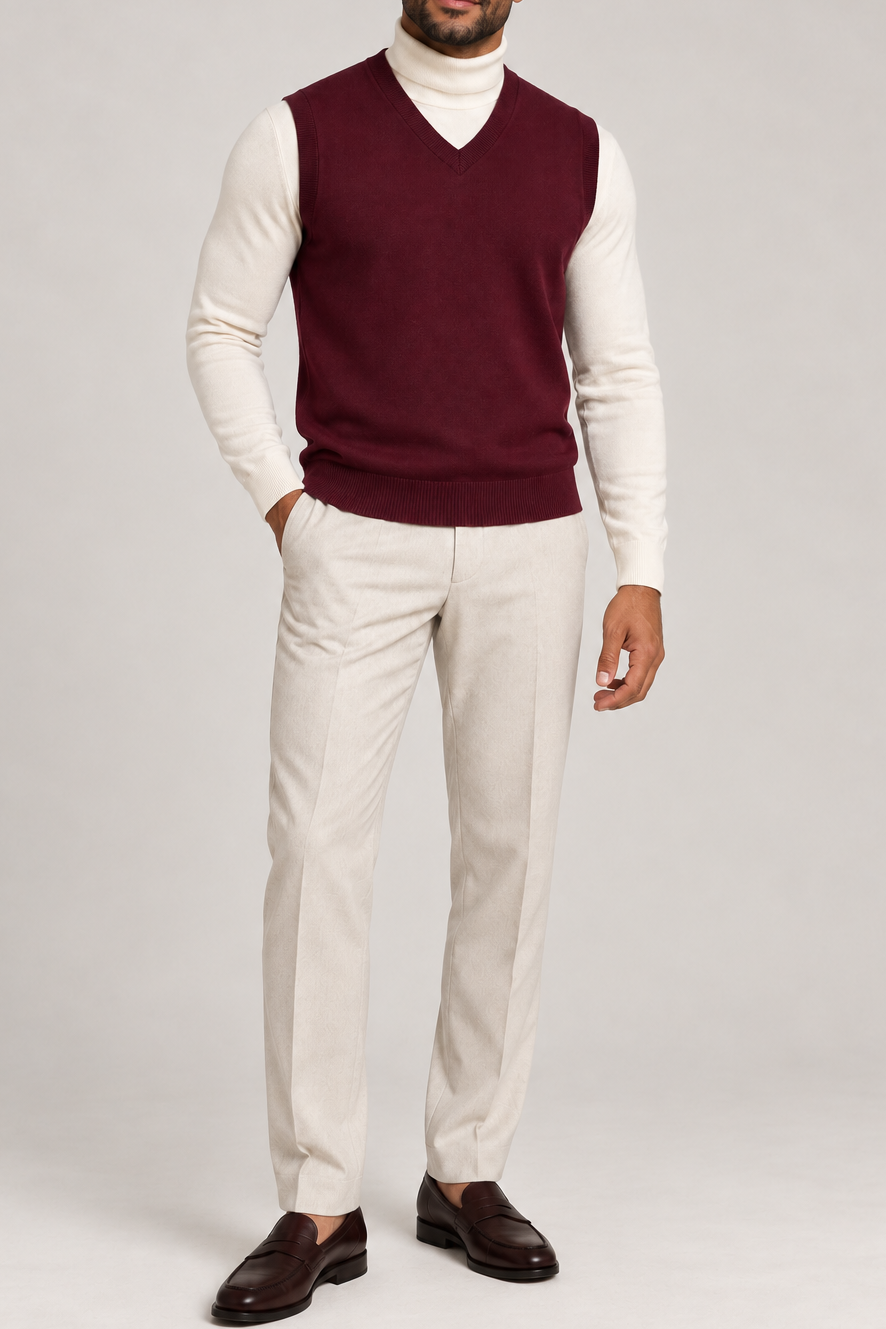Quiet Layer V-Neck Vest in Burgundy, elegantly layered on a male model, full outfit front view.