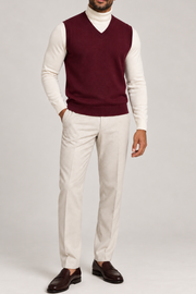 Quiet Layer V-Neck Vest in Burgundy, elegantly layered on a male model, full outfit front view.