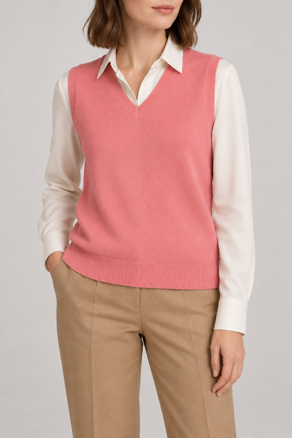 Soft Outline V-Neck Vest in Coral, elegantly layered on a female model, close front hero.