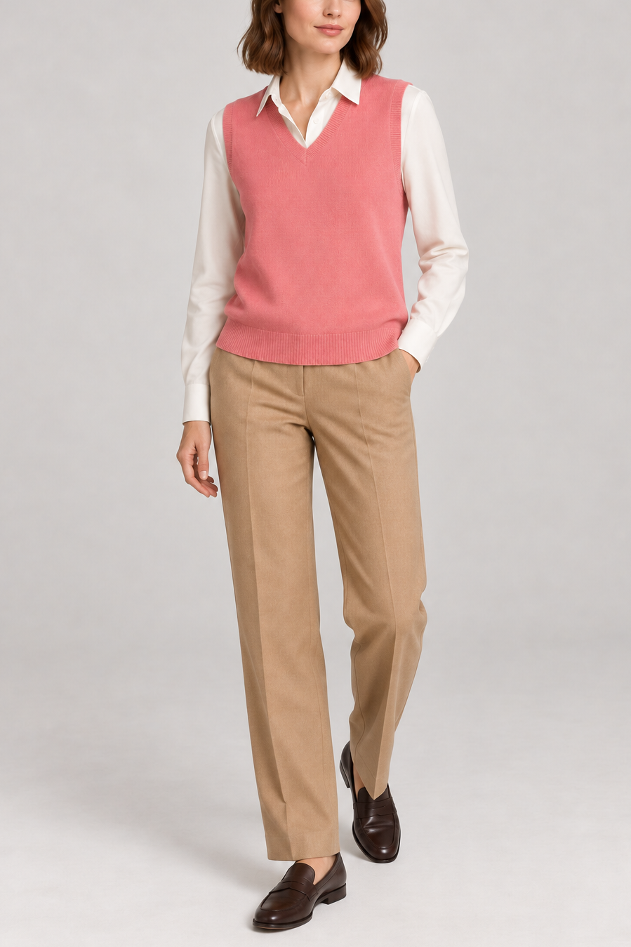 Soft Outline V-Neck Vest in Coral, elegantly layered on a female model, full outfit front view.