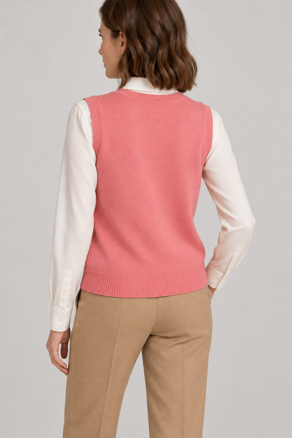Soft Outline V-Neck Vest in Coral, elegantly layered on a female model, rear three-quarter view.