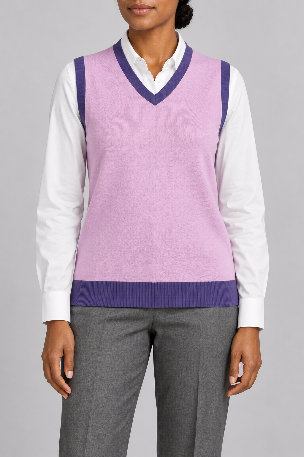 Soft Outline V-Neck Vest in Lilac with Violet Trim, elegantly layered on a female model, close front hero.