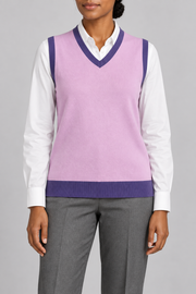 Soft Outline V-Neck Vest in Lilac with Violet Trim, elegantly layered on a female model, close front hero.