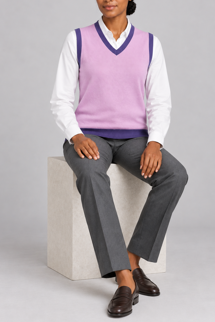 Soft Outline V-Neck Vest in Lilac with Violet Trim, elegantly layered on a female model, full outfit front view.