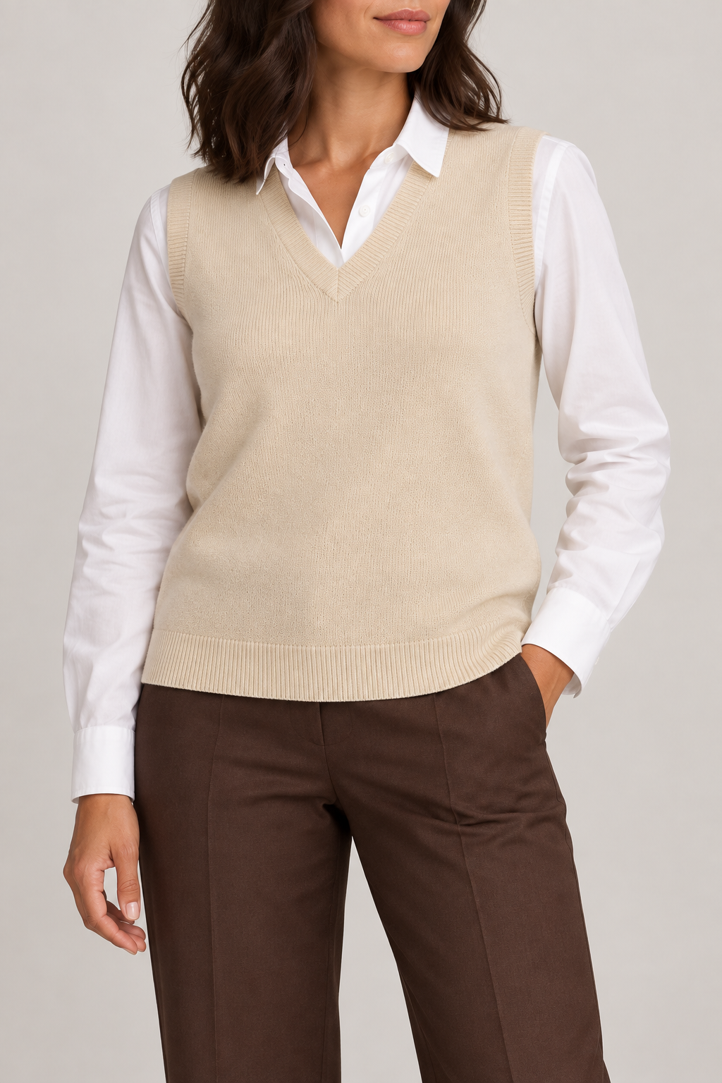Soft Outline V-Neck Vest in Beige