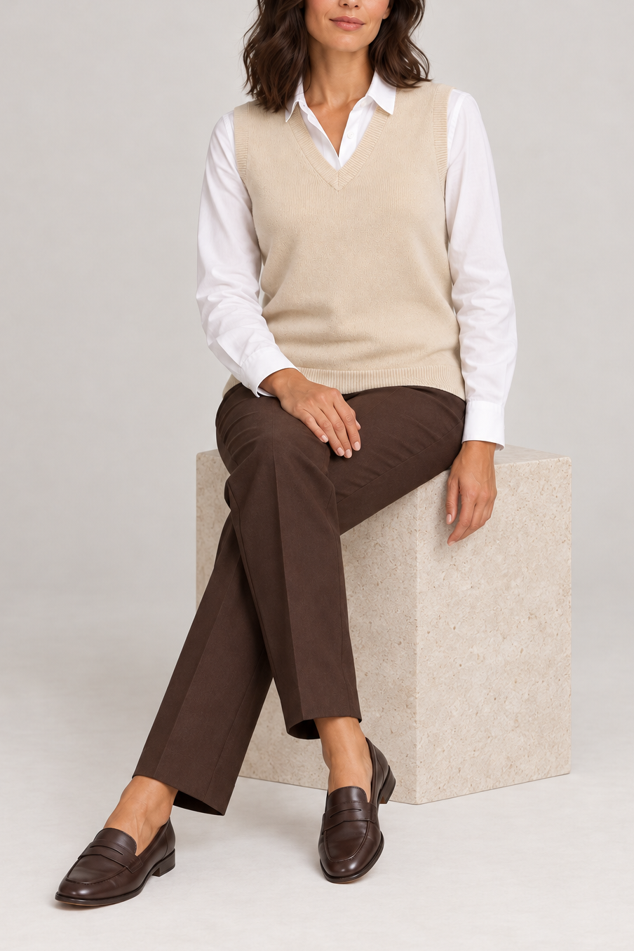 Soft Outline V-Neck Vest in Beige, elegantly layered on a female model, full outfit front view.