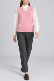 Soft Outline V-Neck Vest in Pink, elegantly layered on a female model, full outfit front view.