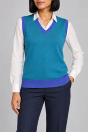 Soft Outline V-Neck Vest in Cyan with Royal Trim, elegantly layered on a female model, close front hero.
