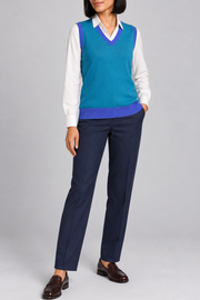 Soft Outline V-Neck Vest in Cyan with Royal Trim, elegantly layered on a female model, full outfit front view.