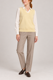 Soft Outline V-Neck Vest in Mellow, elegantly layered on a female model, full outfit front view.