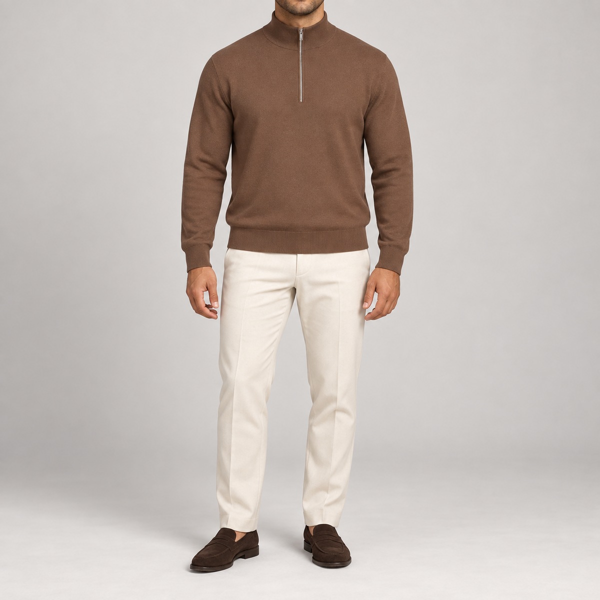 Front studio view showing the plain Toffee knit and quarter-zip neckline of Open Pace Quarter-Zip Sweater in Toffee.