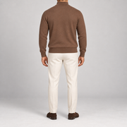 Rear studio view showing the plain Toffee back and ribbed hem of Open Pace Quarter-Zip Sweater in Toffee.