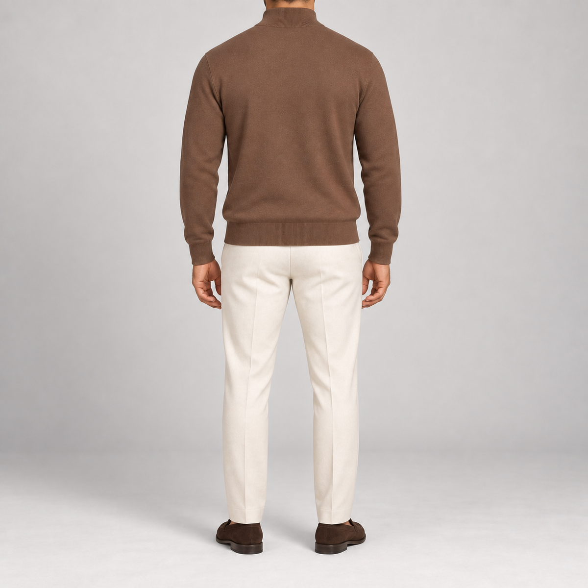 Rear studio view showing the plain Toffee back and ribbed hem of Open Pace Quarter-Zip Sweater in Toffee.
