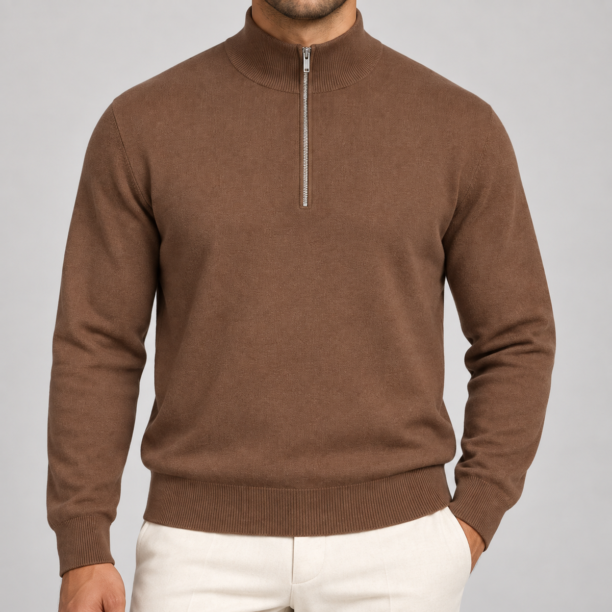 Close-up showing the Toffee knit texture and silver quarter zip of Open Pace Quarter-Zip Sweater in Toffee.