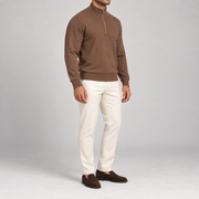 Three-quarter studio view showing the Toffee silhouette and raised neckline of Open Pace Quarter-Zip Sweater in Toffee.