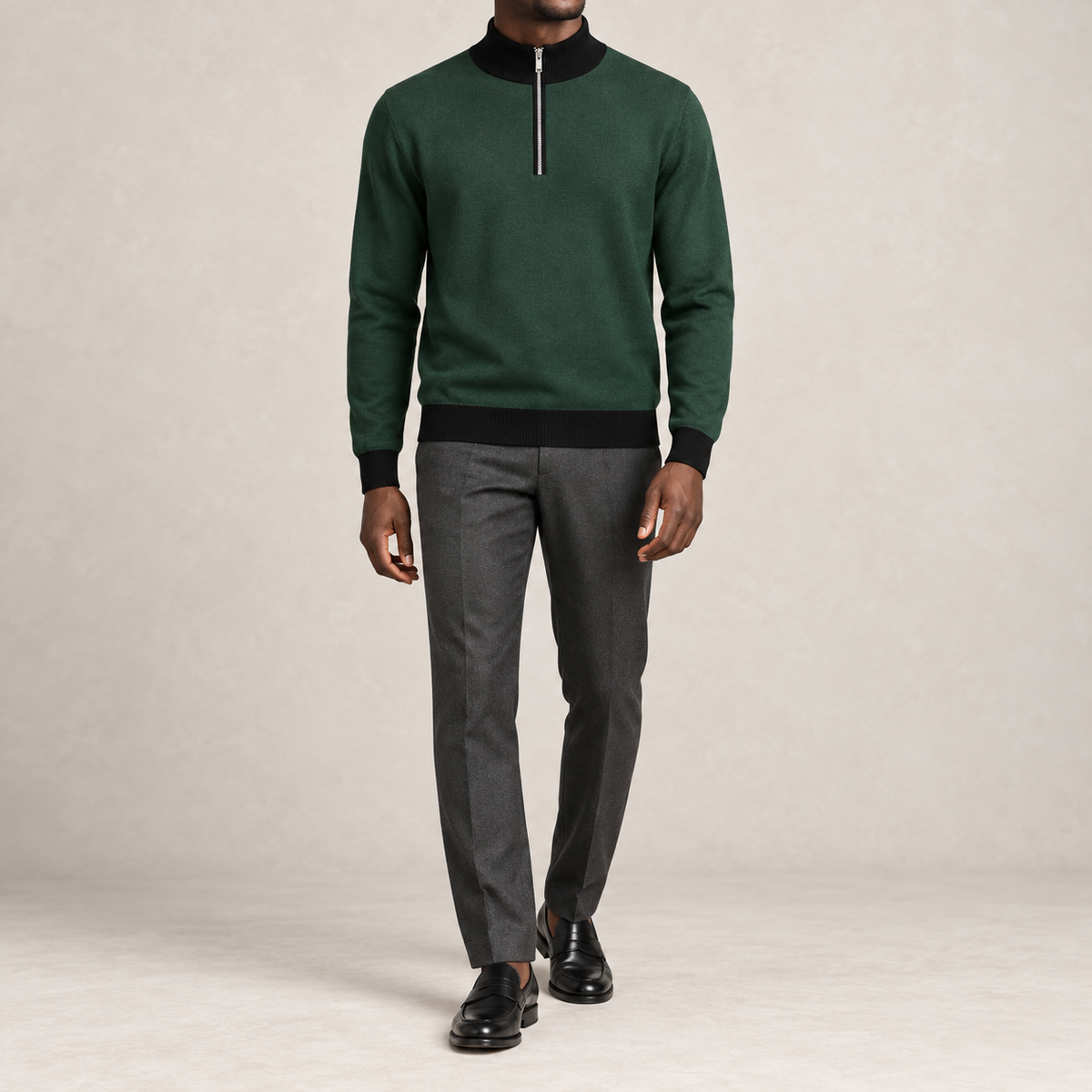 Front studio view showing Pine knit with black collar cuffs and hem of Open Pace Quarter-Zip in Pine with Black Trim.