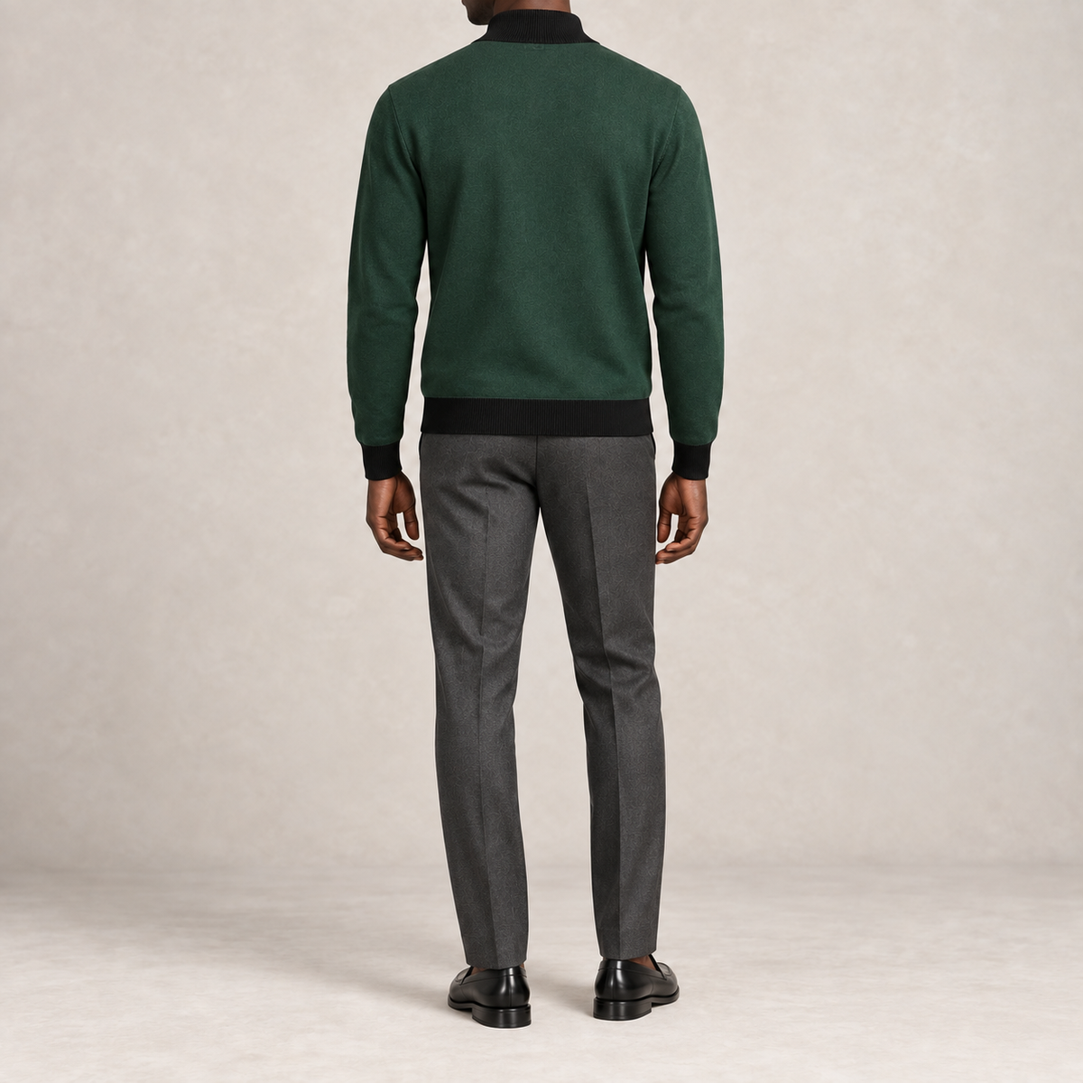 Rear studio view showing the plain Pine back and black trim of Open Pace Quarter-Zip in Pine with Black Trim.