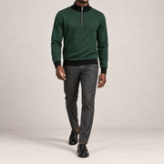 Walking studio view showing the Pine knit drape and black edges of Open Pace Quarter-Zip in Pine with Black Trim.