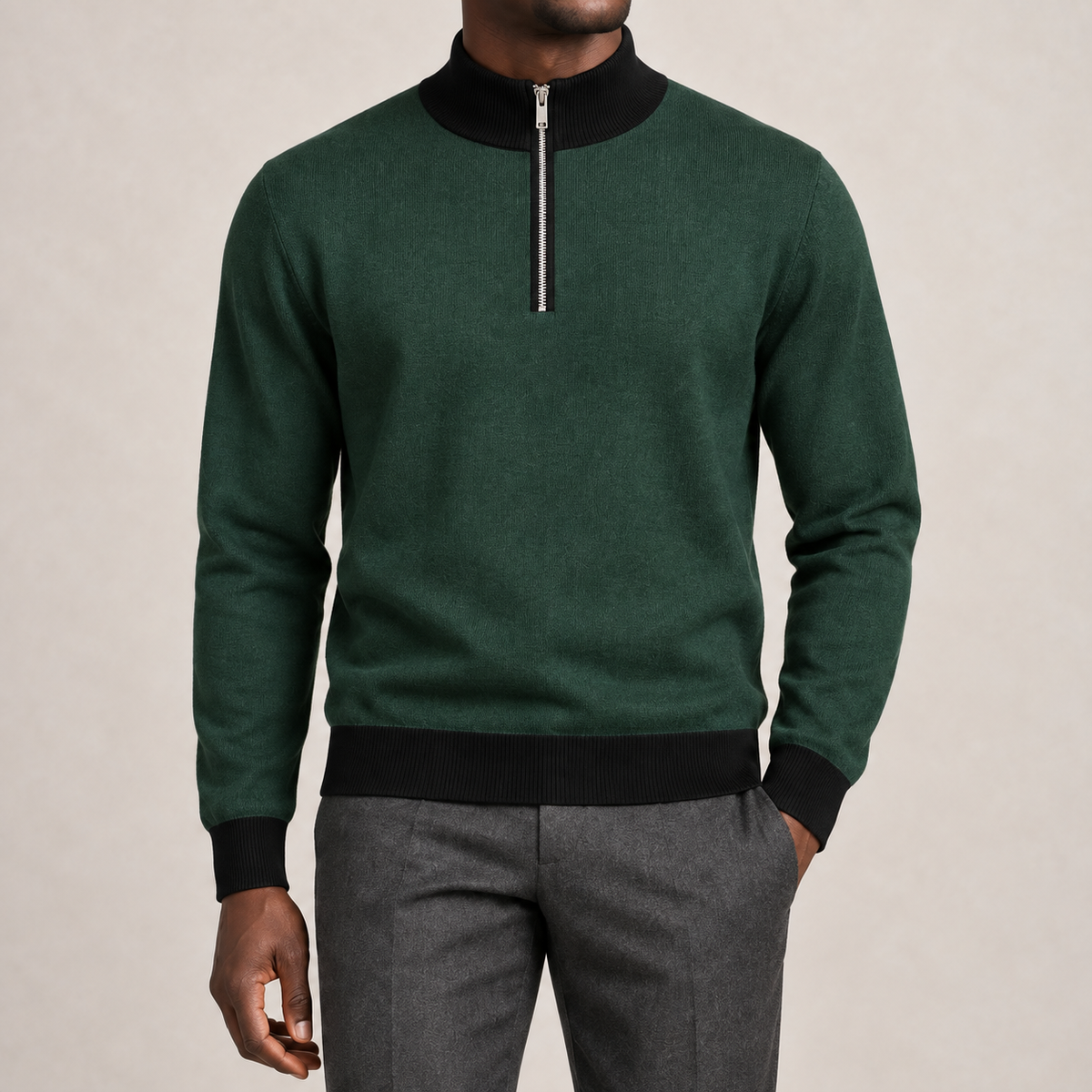 Close-up showing the Pine knit texture black collar and silver quarter zip of Open Pace Quarter-Zip in Pine with Black Trim.