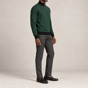 Three-quarter studio view showing the Pine silhouette and black ribbed trim of Open Pace Quarter-Zip in Pine with Black Trim.